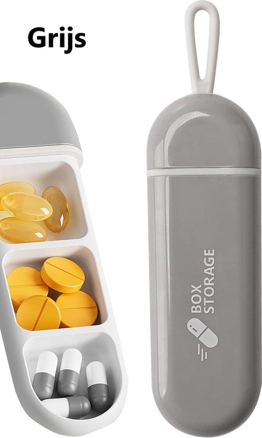 Grey pill box tube with hanging loop, side view of 3 compartments