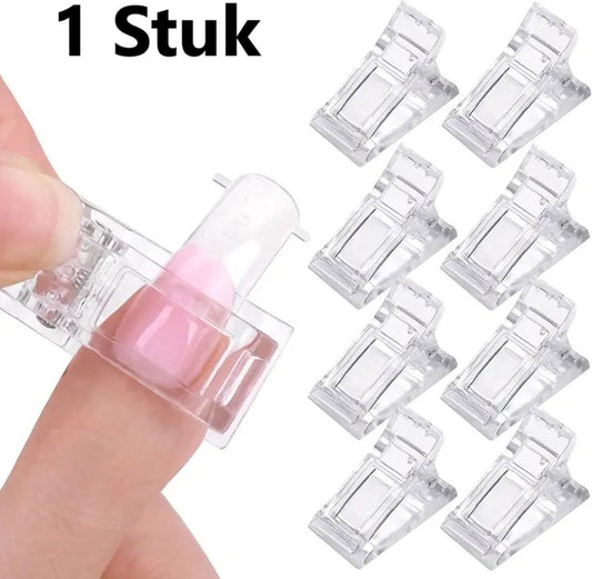 Polygel nail clamp with clear dual form, hand applying pink gel