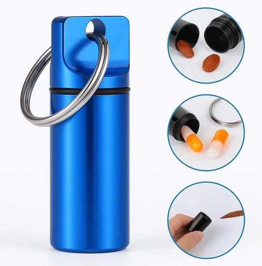Blue aluminum pill box keychain with metal key ring and pill compartments