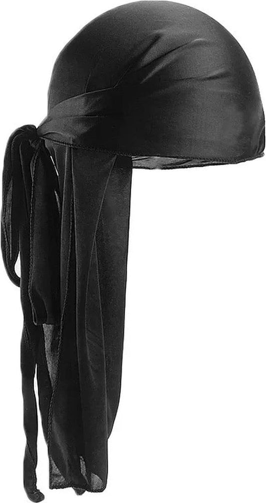Black silky headscarf durag with long hanging tie straps, back/side view