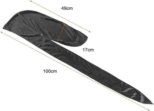 Black silky durag-style headscarf with dimensions shown, flat lay