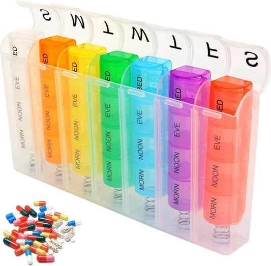 Clear multi-day pill box with color-coded compartments labeled morning, noon, evening, bed.
