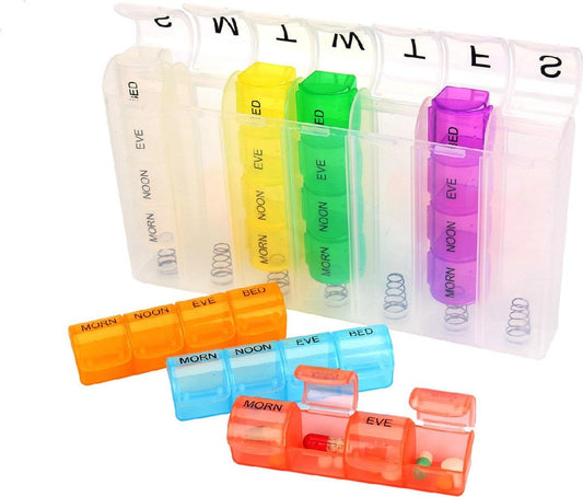 Multi-color pill organizer with translucent lids for morning, noon, evening, bed.