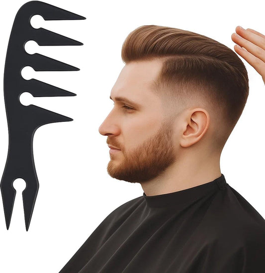 Black anti-tangle hair comb with wide coarse teeth and two-prong tip
