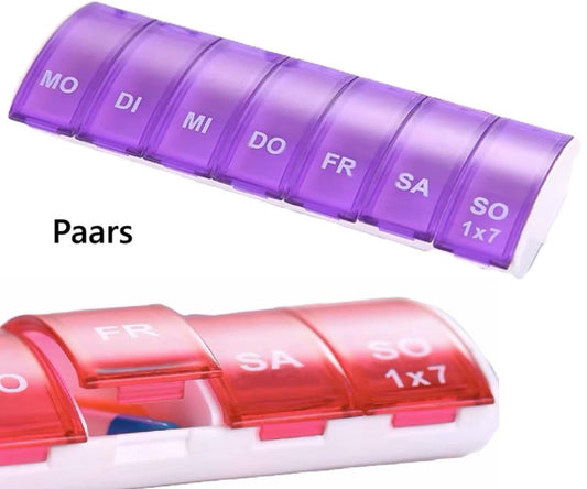 7-day pill box, purple translucent compartments labeled MO–SO, 1x7
