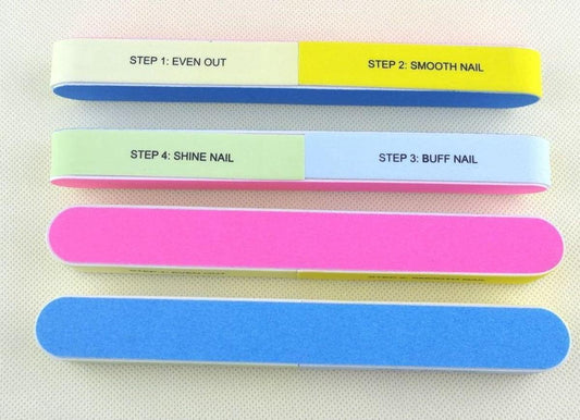 Six-way nail buffer with pastel sanding strips labeled steps 1 to 4