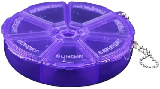 Purple 7-day pill organizer with hinged round lid and labeled compartments
