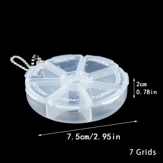 Translucent 7-day pill organizer with labeled day compartments and chain