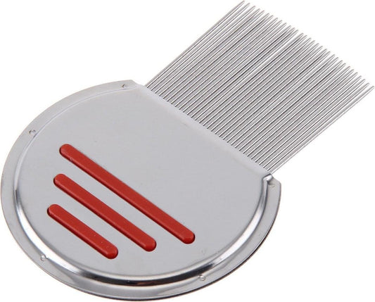 Lice comb with fine metal teeth and rounded base, red accent bars