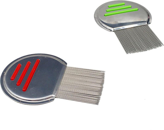 Lice comb with silver handle and fine metal teeth, red and green accent bars