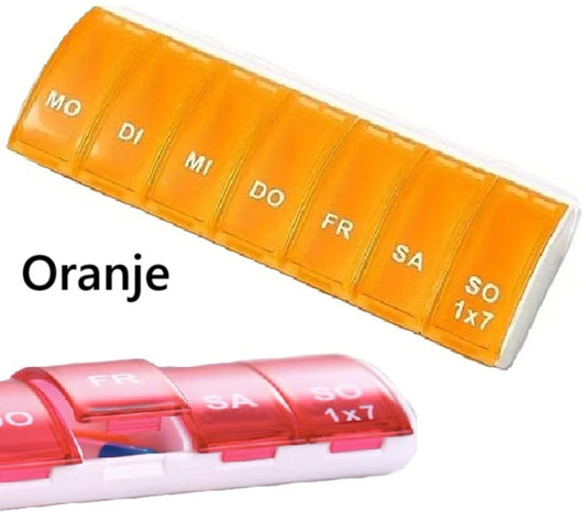 Orange 7-day pill box with day labels MO DI MI DO FR SA SO