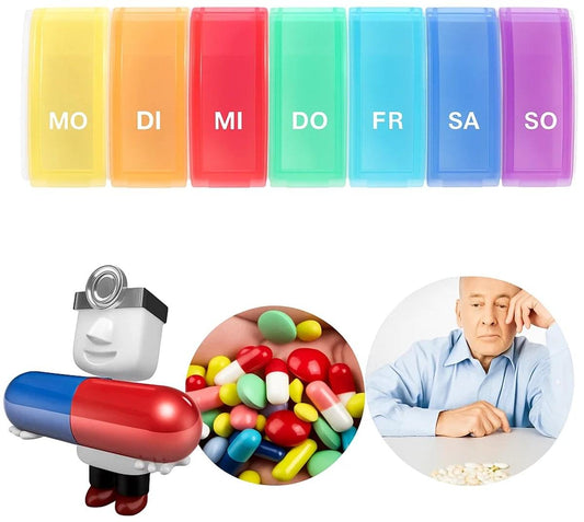 7-day pill organizer with labeled MO–SO compartments, multicolor hinged lid