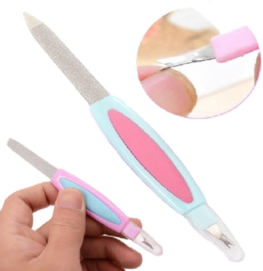 Stainless steel cuticle remover and nail file with pink and blue handle
