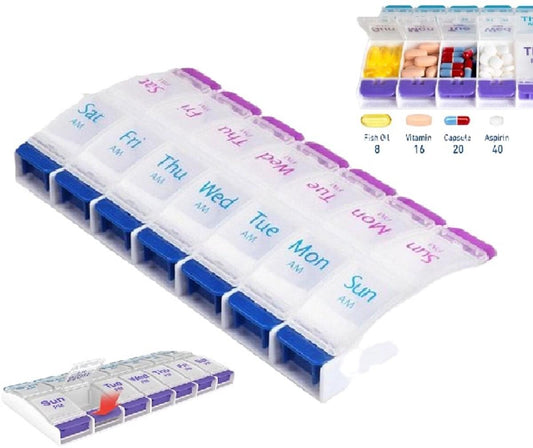 7-day pill organizer box with purple lid and blue bottom compartments