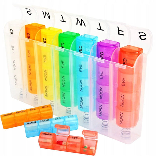 Pill organizer with 28 translucent colored compartments labeled MORN, NOON, EVE, BED