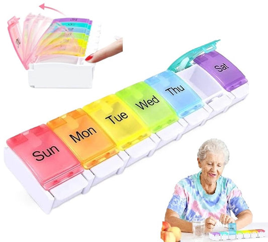 Multicolor 7-day pill box with push-button lids and a white base, open for filling