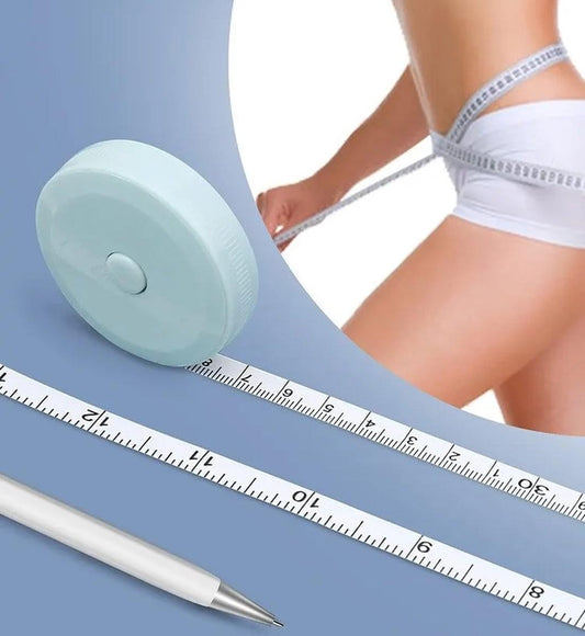 Round measuring tape body with extendable white tape, mint-green case and circular button
