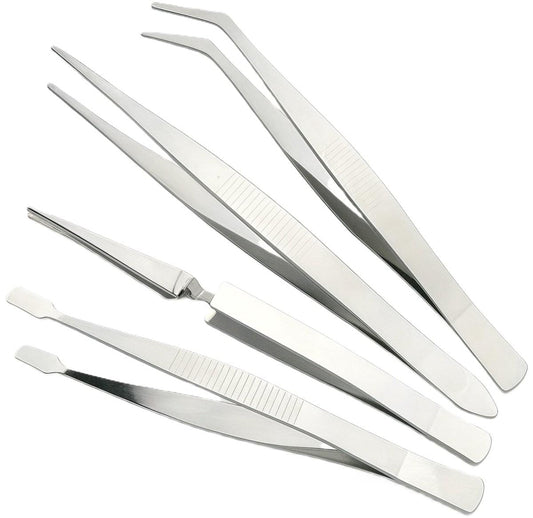 Stainless steel tweezer set of four, angled and pointed tips, precision grip