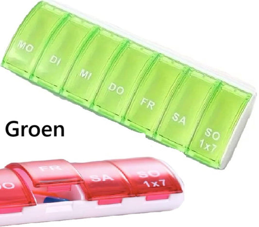 Green 7-day pill organizer with labeled compartments for MO–SO