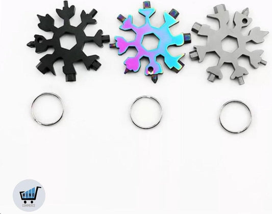 Snowflake-shaped multifunctional tool key rings, black and iridescent metal options