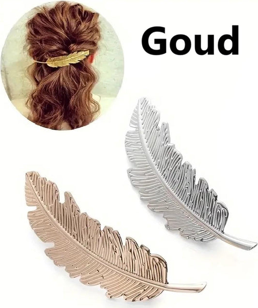 Gold feather hair clip with long curved barrette base