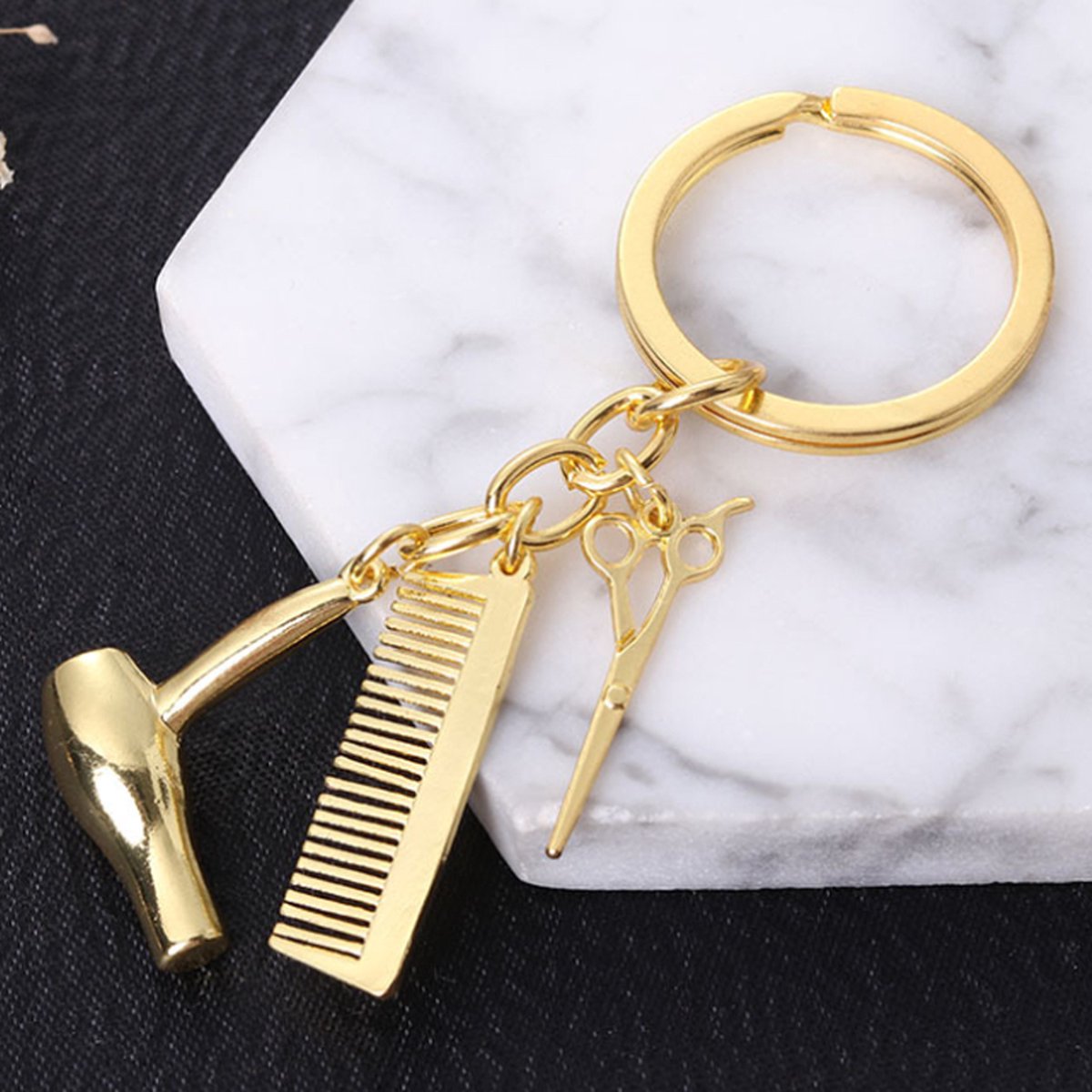 Hairdresser Keychain | Key Holder | Cutting Set Keychain | Scissors, Comb & Hairdryer Keychain | Gold