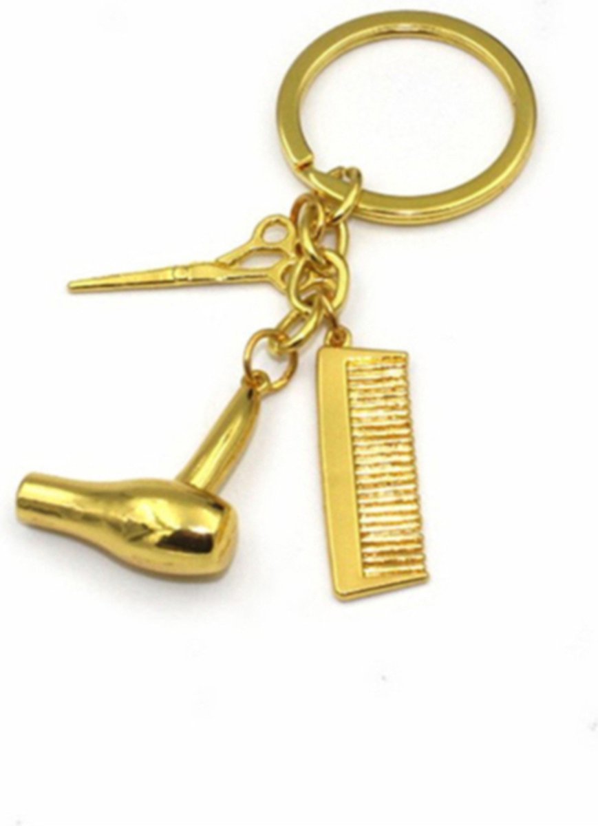 Hairdresser Keychain | Key Holder | Cutting Set Keychain | Scissors, Comb & Hairdryer Keychain | Gold