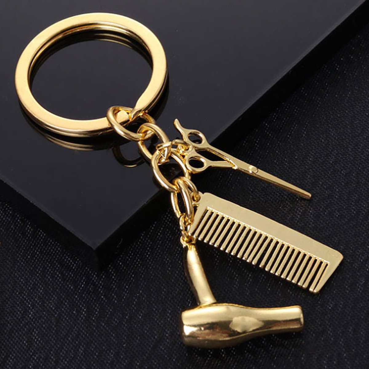 Hairdresser Keychain | Key Holder | Cutting Set Keychain | Scissors, Comb & Hairdryer Keychain | Gold