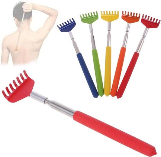 Telescopic back scratcher set with silver shaft and multicolor rake heads