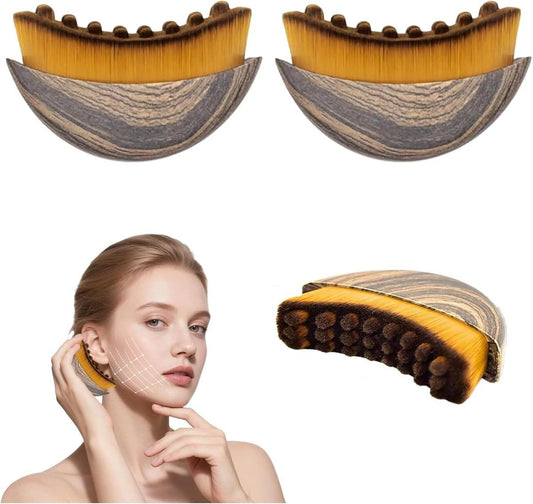 Two curved facial dry brushes with soft bristles, gray and honey handles
