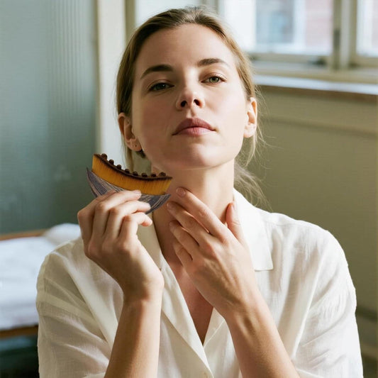Facial dry brush held at the jawline for cleansing and massage