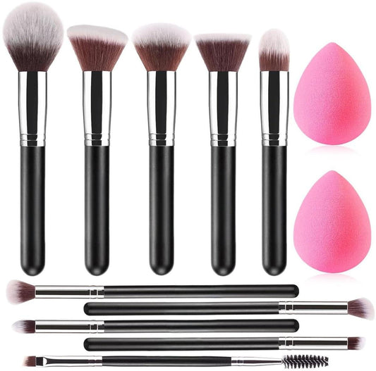 Makeup brush set with black handles, silver ferrules, soft gray bristles, eyebrow brush