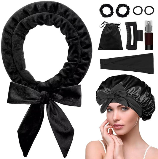Black satin heat-free hair curler set with bow cap and curling rollers