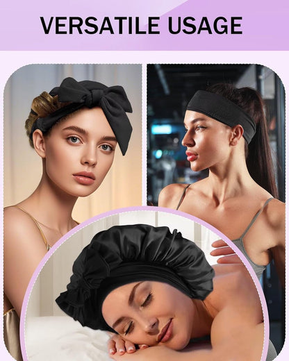 Heat-free hair curlers - Curling rollers - curling set - Blow-dry effect without heat overnight - Soft cap and sleepy bow design - Comfortable curls while you sleep for long hair - black