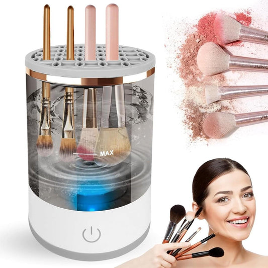 Electric makeup brush cleaner with vertical brush slots and blue-lit base, front view