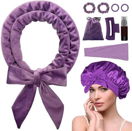 Purple satin fabric hair curler cap with bow, plus purple curling rollers and accessories