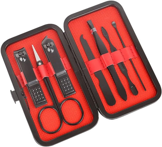 Nail clipper and manicure tool set in black case with red organizer
