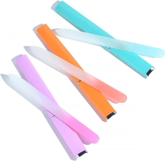 Colorful double-sided glass nail file set with capped ends, three pieces