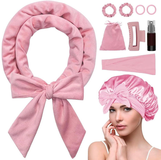 Pink soft hair curling cap with bow and included curling set pieces