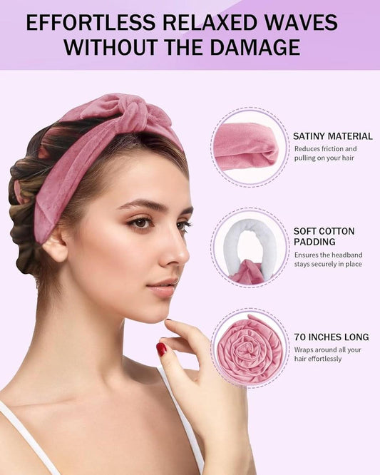 Pink hair curling bonnet with ruffled bow, worn on model