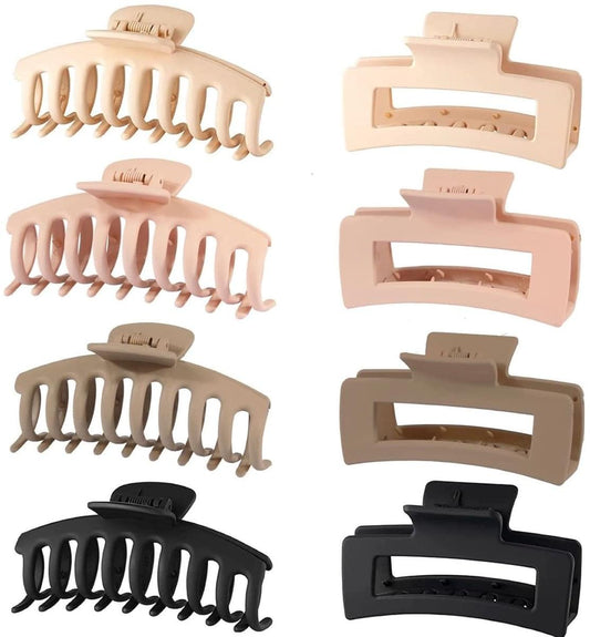 Rectangular hair grips set in beige, taupe and black, four-prong rectangular clips