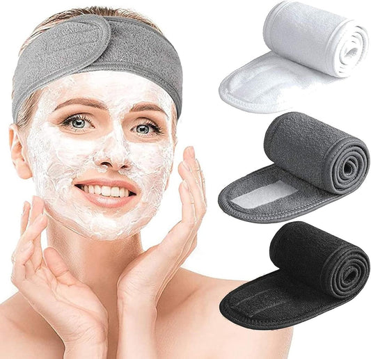 Adjustable towel makeup headband, gray, with hook-and-loop closure and soft terry fabric