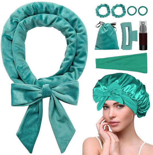 Teal satin hair curlers cap with bow, curling rollers set