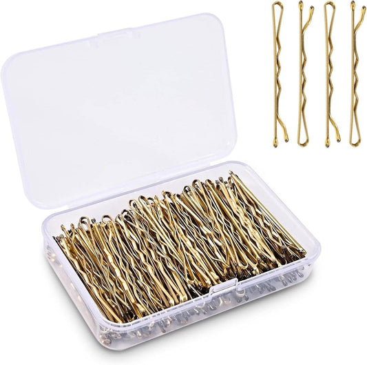 Gold hairpins set in clear storage box, 2-inch straight pins