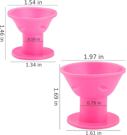 Pink large and small hair curlers, cup-shaped rollers with size markings