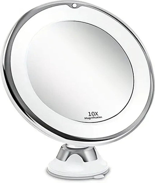 10x magnification LED makeup mirror with suction base, round chrome frame