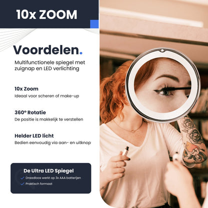 Ultra LED Makeup Mirror with Lighting and 10x Magnification - Shaving Mirror with Suction Cup - 360° Adjustable – Wireless 3 AAA Batteries