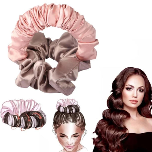 Pink and taupe heatless curl headband with curl styling examples