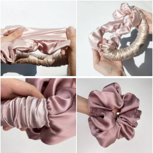 Pink satin heatless curl headband held with hands during wrapping