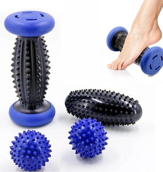 Blue and black foot massage roller with spiked cylinder and three massage balls